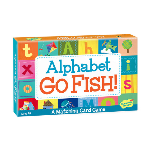 Alphabet Go Fish! A Matching Card Game for Ages 4+, featuring colorful alphabet letters and illustrations on the box