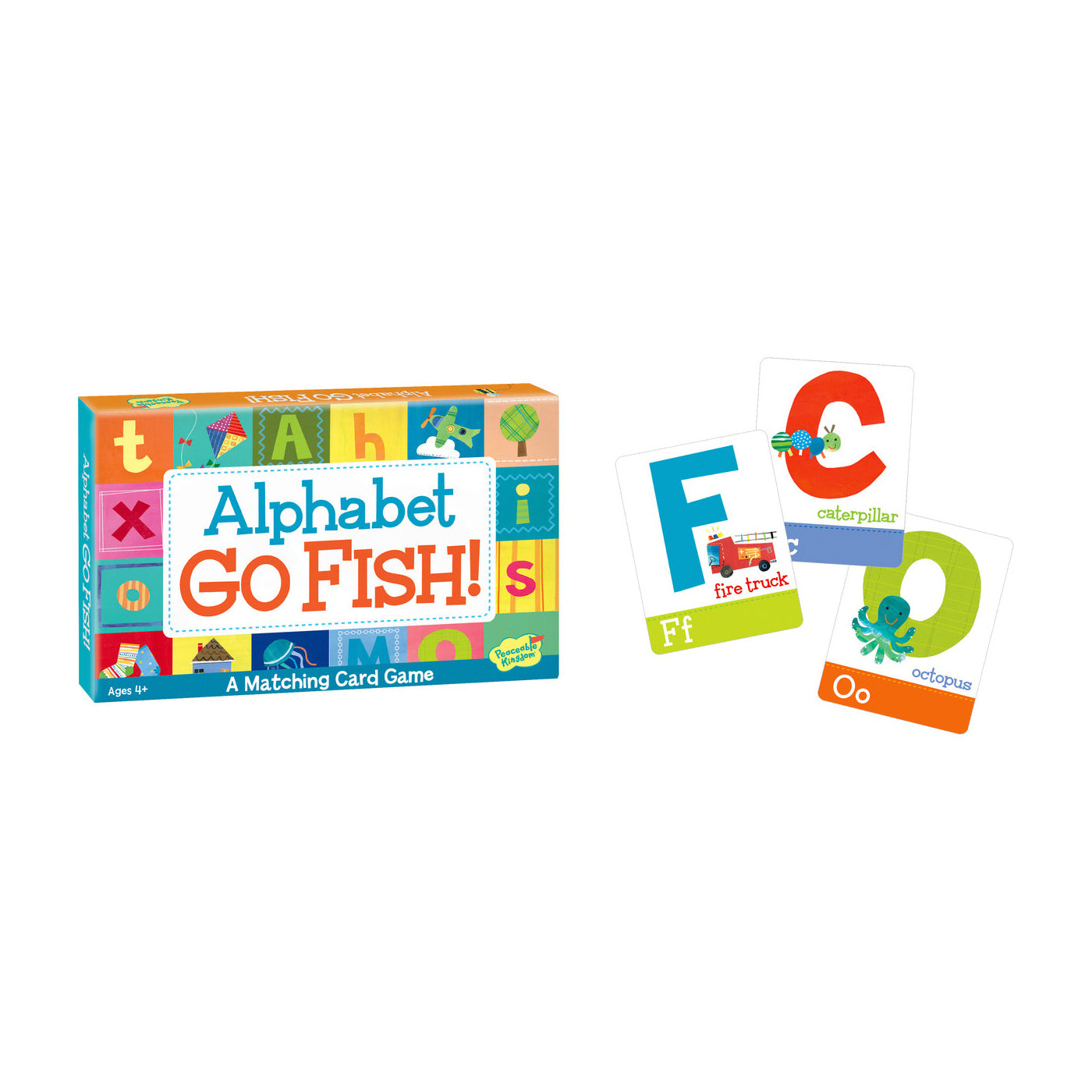 Alphabet Go Fish! A Matching Card Game for ages 4+, featuring colorful letter and animal cards including caterpillar,...