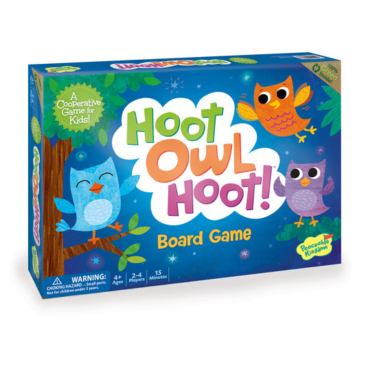 Hoot Owl Hoot Board Game box featuring colorful owls and cooperative gameplay for ages 4+