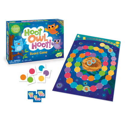 Hoot Owl Hoot Board Game with colorful game pieces, cards, and nest-themed board