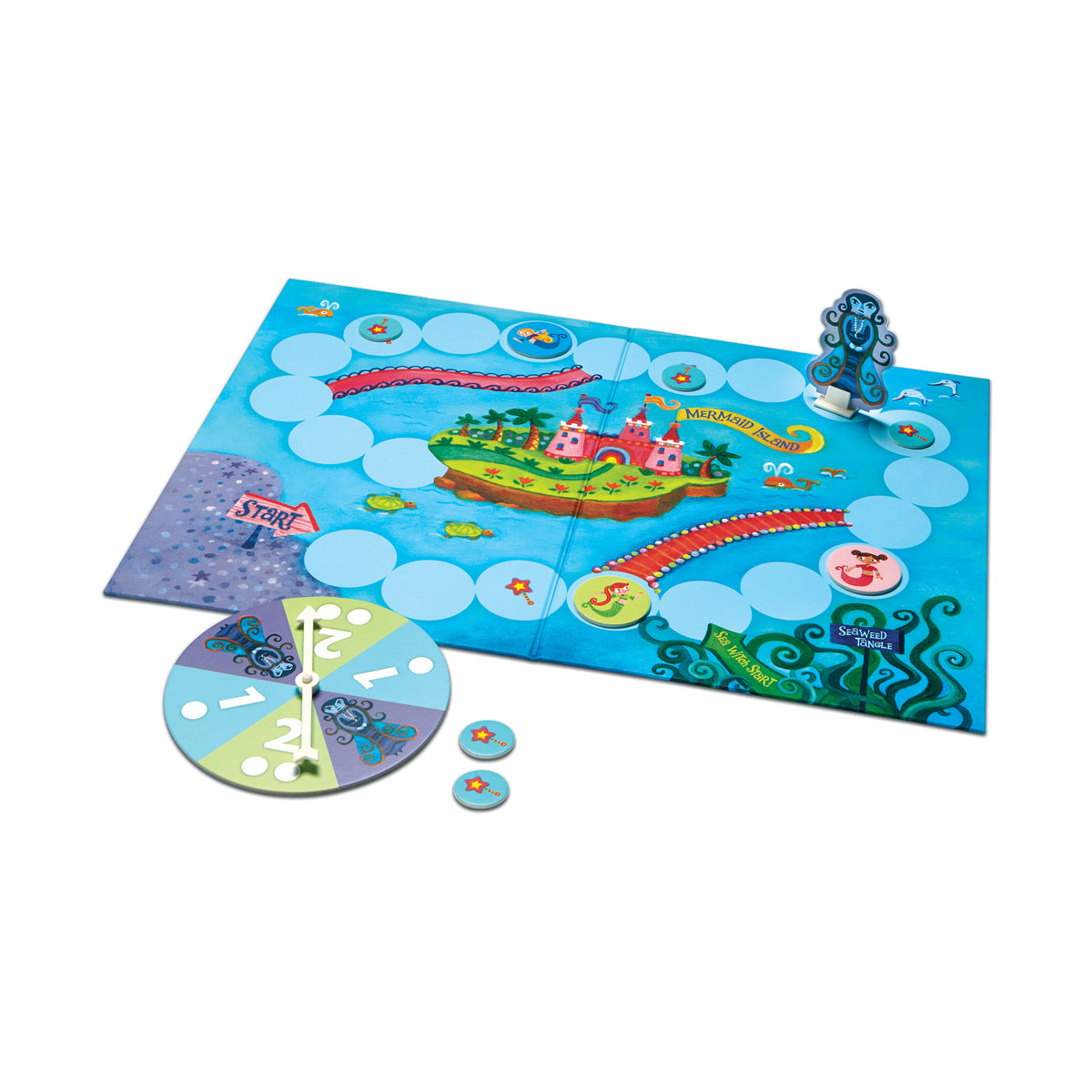 Mermaid Island Board Game with colorful game board, spinner, and player pieces