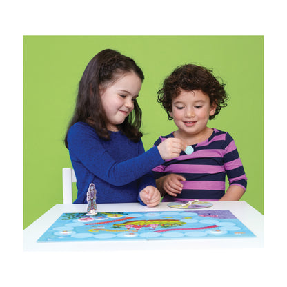 Mermaid Island Board Game with two children playing, featuring colorful ocean game board