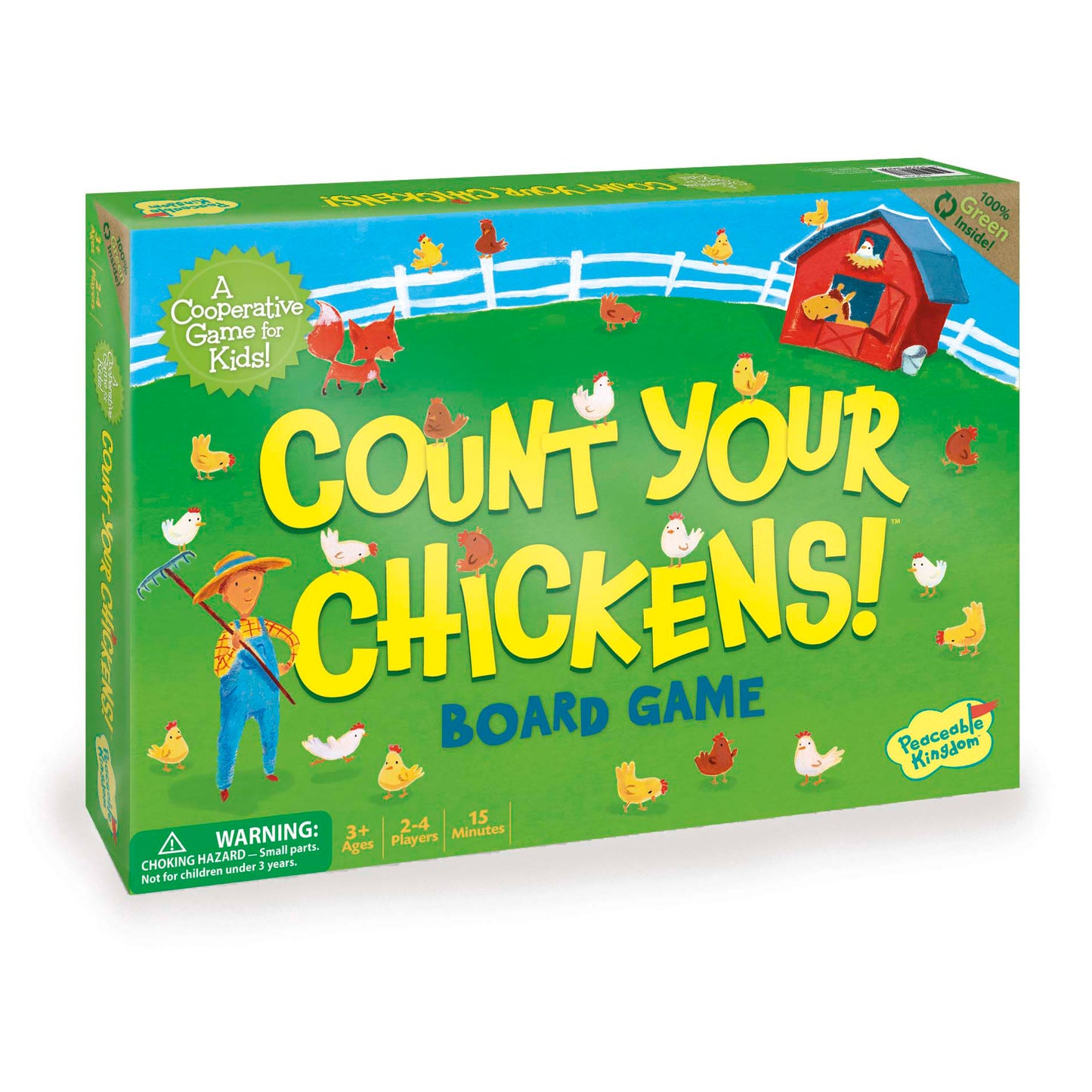 Count Your Chickens Board Game box featuring colorful farm animals and a red barn on green background