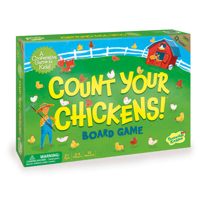 Count Your Chickens Board Game box featuring colorful farm animals and a red barn on green background