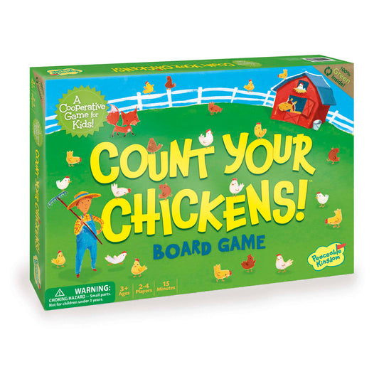 Count Your Chickens Board Game box featuring colorful farm animals and a red barn on green background