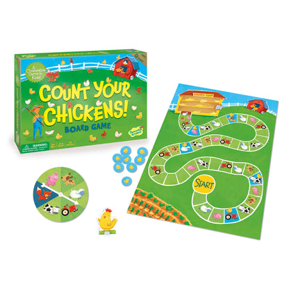 Count Your Chickens Board Game with spinner, blue tokens, game board, and chicken player piece