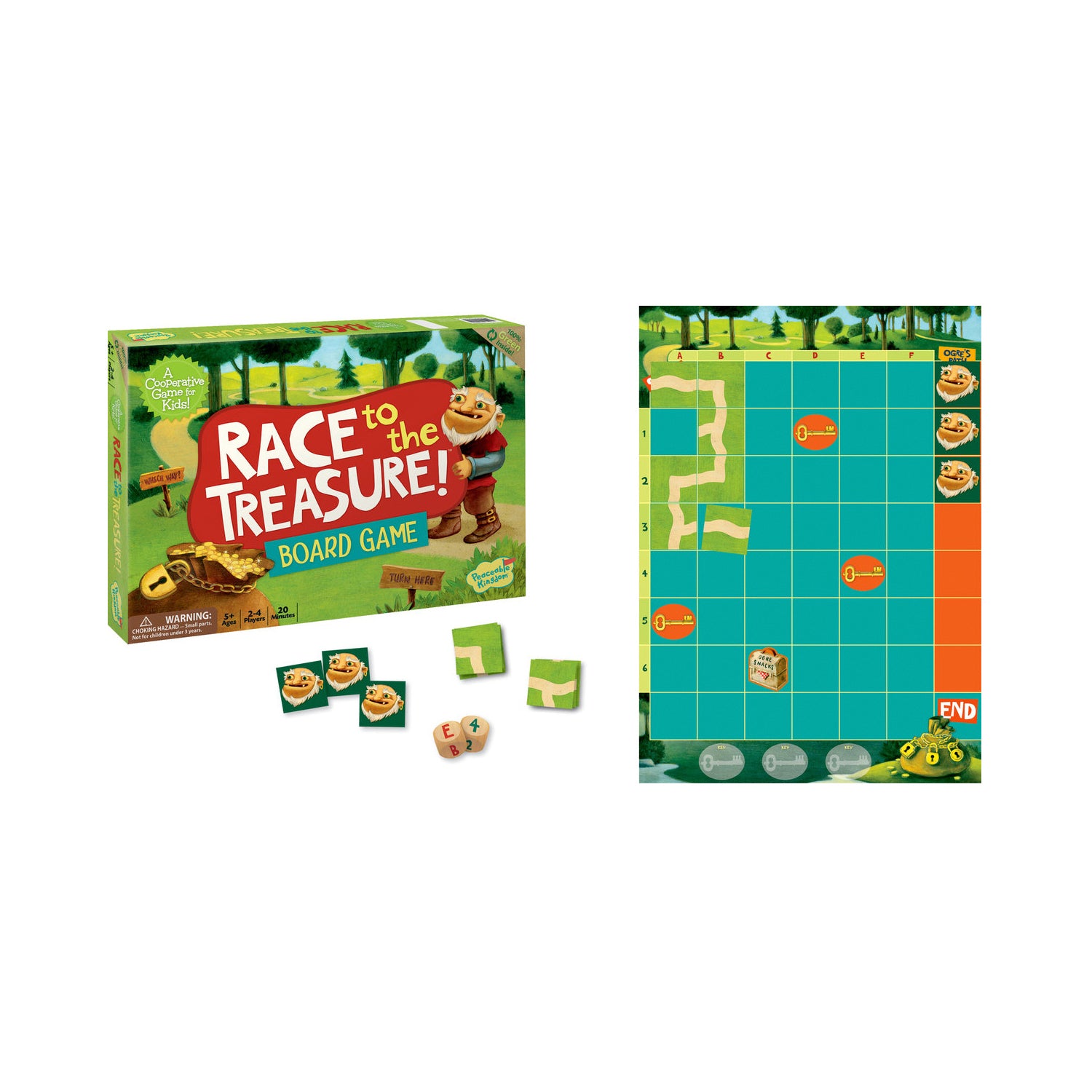 Race to the Treasure Board Game box and game board with player pieces and dice