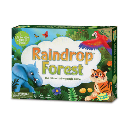 Raindrop Forest board game box featuring a blue elephant, red macaw, and tiger among green foliage, labeled a cooperative game for kids ages 3+, 2-4 players, 10