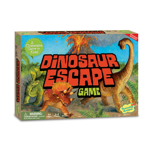 Dinosaur Escape Game board game box showing colorful dinosaurs in a prehistoric jungle setting with volcano, 4+ ages, 2-4 players, 10 minutes