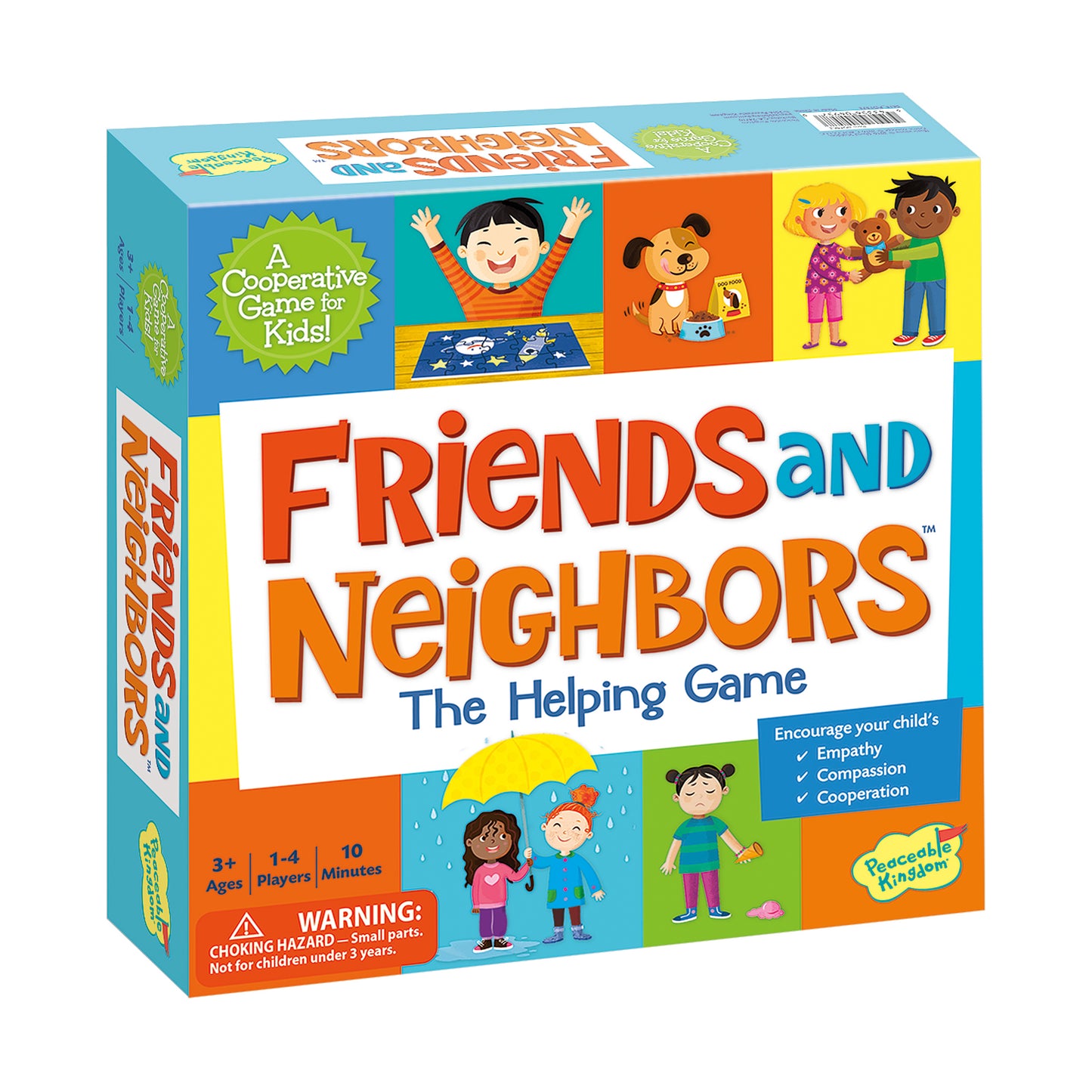 Friends and Neighbors: The Helping Game board game box featuring colorful illustrations of children and a dog, labeled a cooperative game for kids ages 3+, 1-4