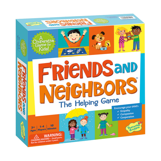 Friends and Neighbors: The Helping Game board game box featuring colorful illustrations of children and a dog, labeled a cooperative game for kids ages 3+, 1-4