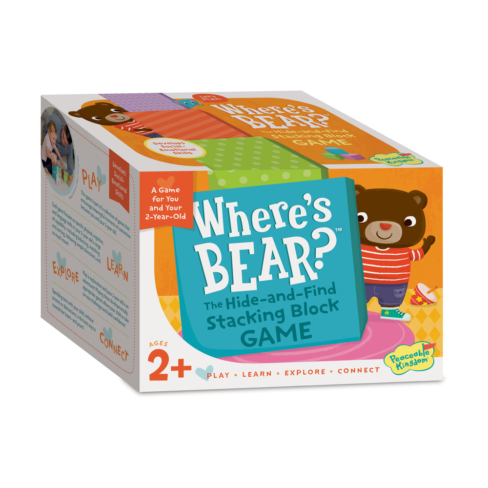 Where's Bear? The Hide-and-Find Stacking Block Game box for ages 2+, featuring a brown bear character in a red striped shirt on an orange and colorful backgroun