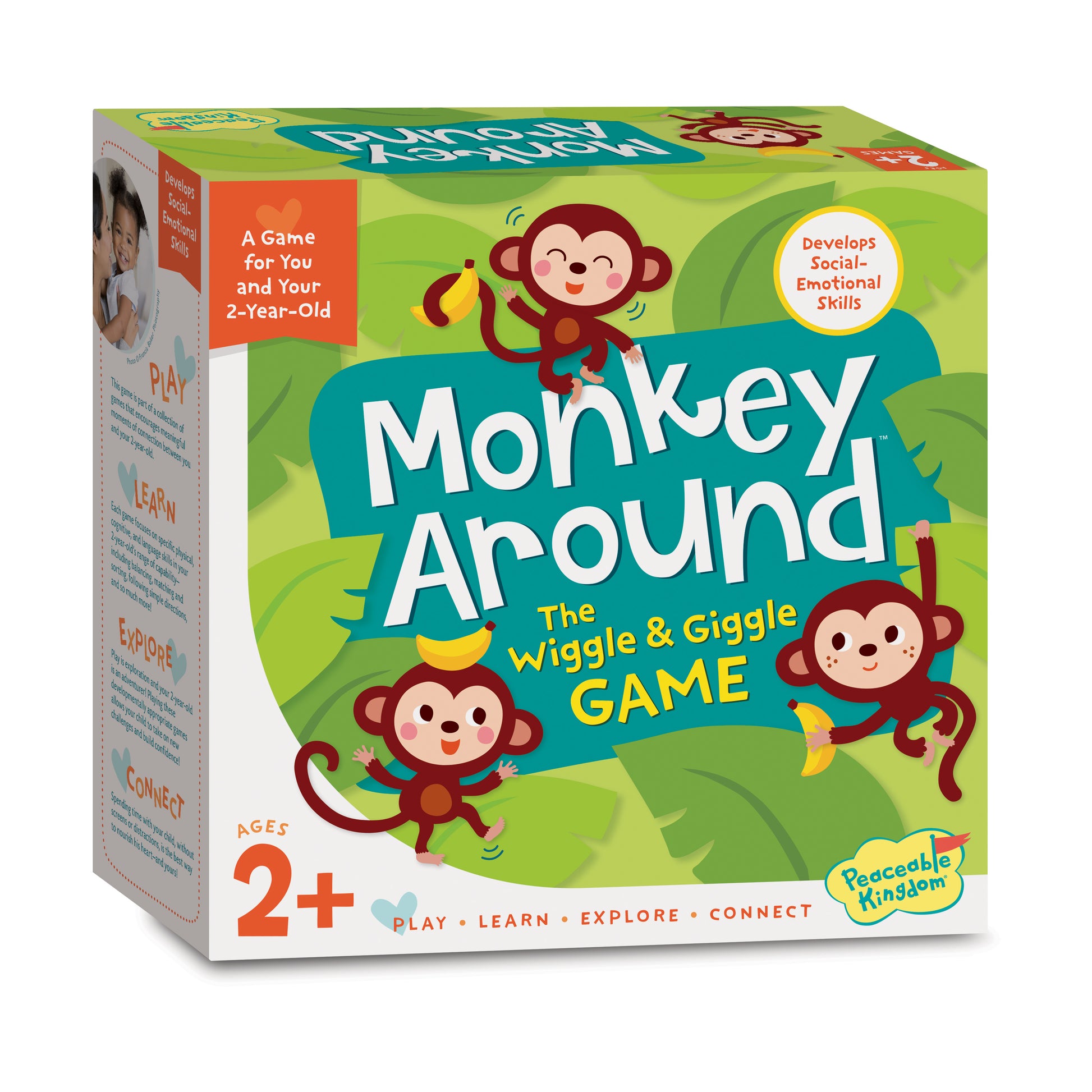 Monkey Around The Wiggle & Giggle Game box featuring cartoon monkeys on a green background, labeled for ages 2+, develops social-emotional skills