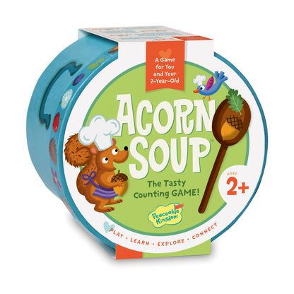 Acorn Soup counting game for toddlers ages 2+, featuring colorful squirrel and acorn design