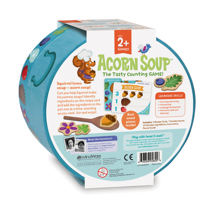Acorn Soup counting game with wooden pieces and blue pot, ages 2+