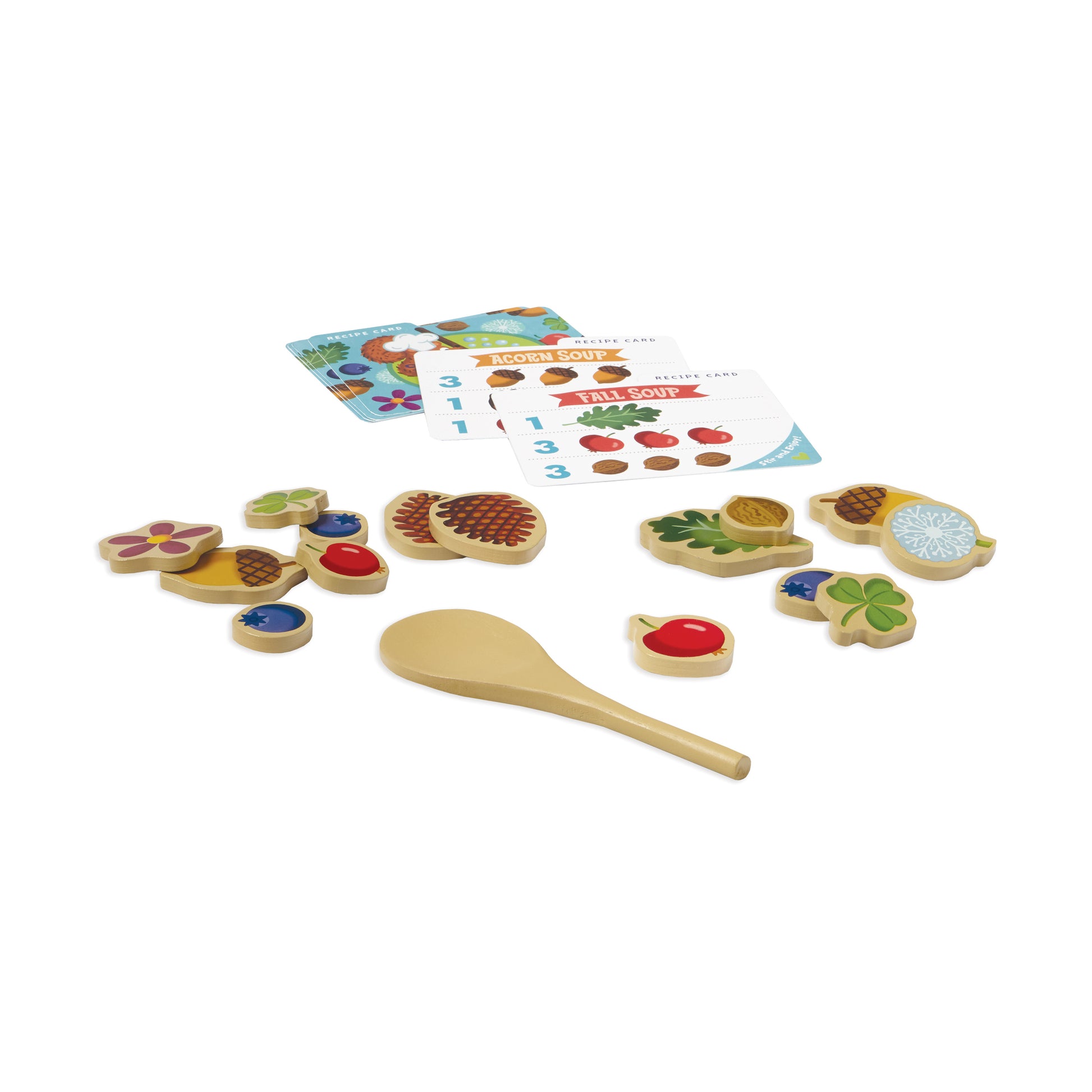 Acorn Soup wooden recipe card game with colorful ingredient pieces and spoon
