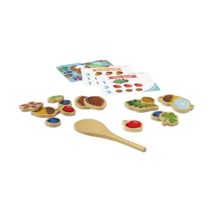 Acorn Soup wooden recipe card game with colorful ingredient pieces and spoon