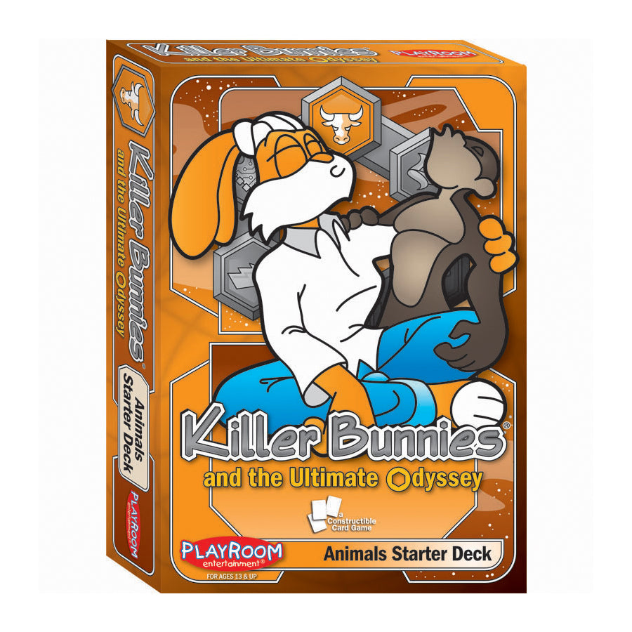 Killer Bunnies and the Ultimate Odyssey Animals Starter Deck card game box featuring cartoon rabbit character with basketball and medieval shield imagery on ora
