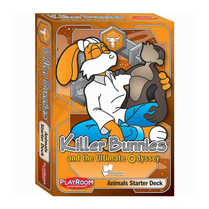 Killer Bunnies and the Ultimate Odyssey Animals Starter Deck card game box featuring cartoon rabbit character with basketball and medieval shield imagery on ora