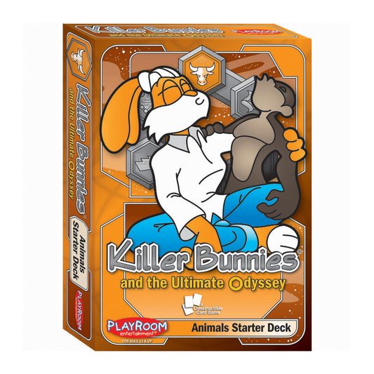 Killer Bunnies and the Ultimate Odyssey Animals Starter Deck card game box featuring cartoon rabbit character with basketball and medieval shield imagery on ora