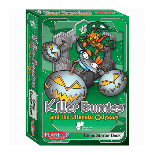 Killer Bunnies and the Ultimate Odyssey Crops Starter Deck card game box with green background, featuring illustrated rabbits and monsters in hexagonal frames