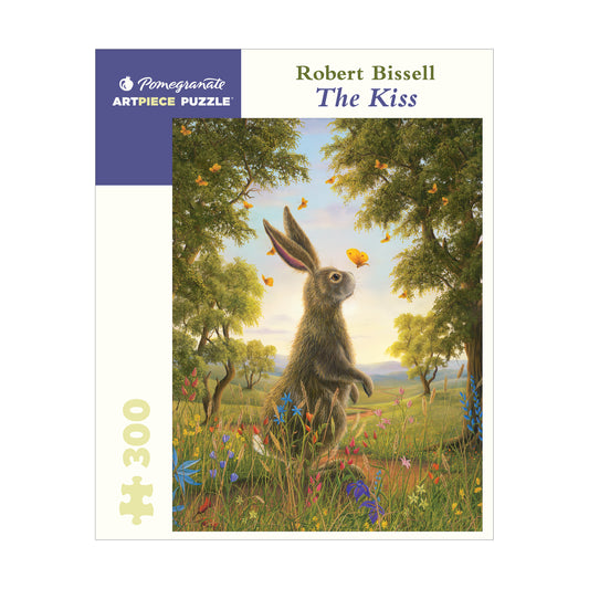 Pomegranate Artpiece Puzzle box featuring Robert Bissell's 'The Kiss': 300-piece puzzle with illustration of a hare in a wildflower meadow surrounded by butterf