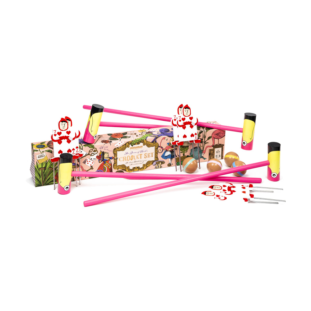 Queen of Hearts Croquet Set with pink mallets, balls, and decorative playing card pieces
