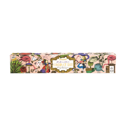 Wonderland Games Queen of Heart's Croquet Set with colorful illustrated packaging featuring flamingos and playing cards