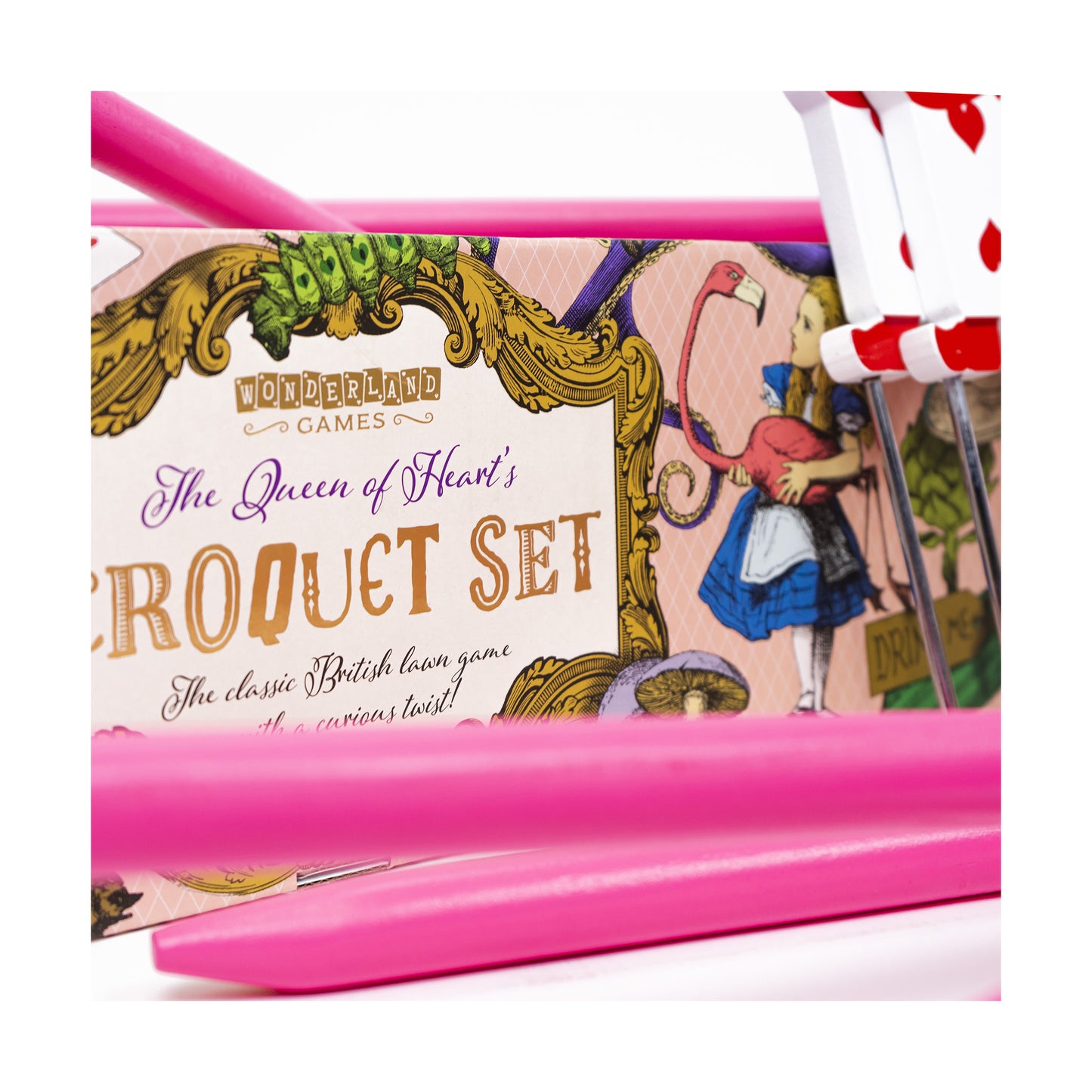 Wonderland Games Queen of Heart's Croquet Set with pink carrying case and red striped mallets