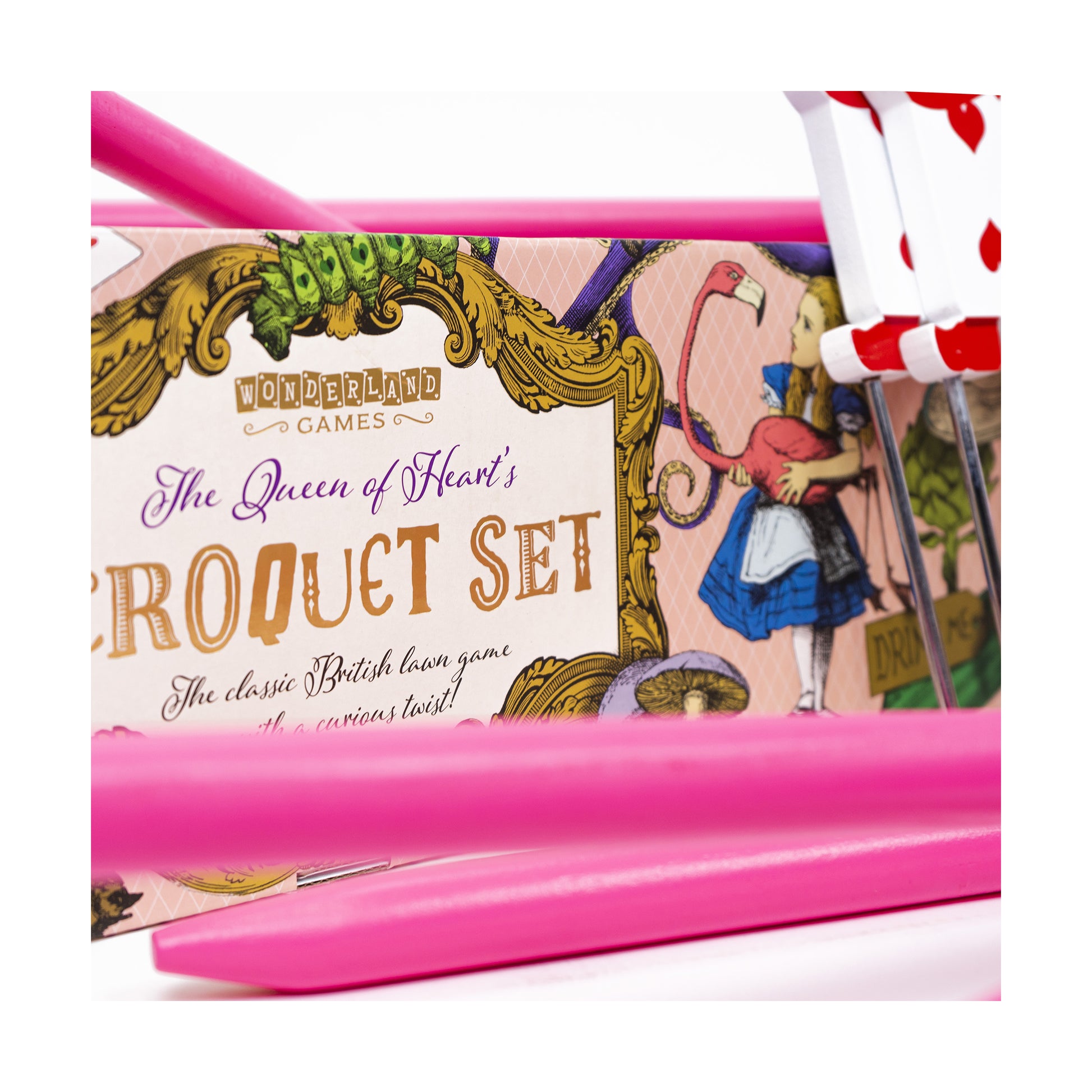 Wonderland Games Queen of Heart's Croquet Set with pink carrying case and red striped mallets