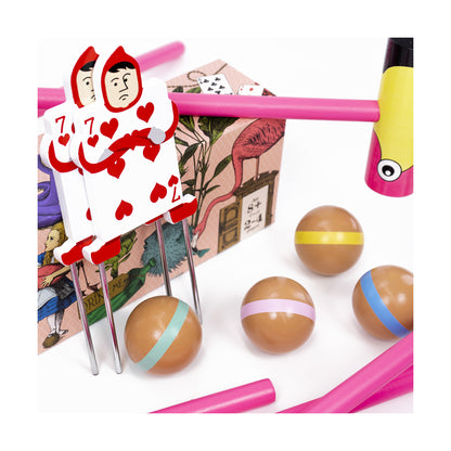 Queen of Hearts Croquet Set with pink mallets, brown balls with colored bands, and playing cards