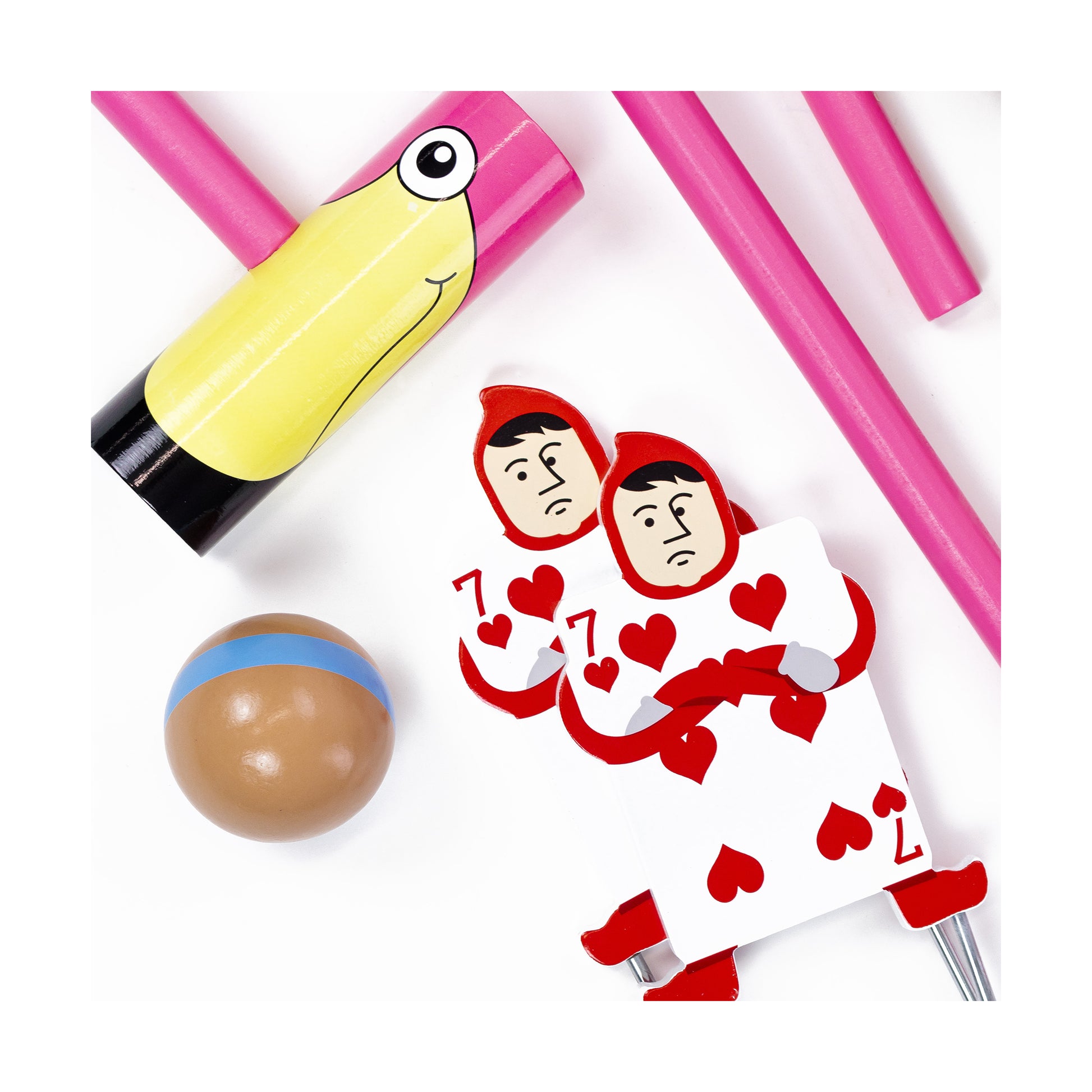 Queen of Hearts Croquet Set with pink mallets, yellow banana mallet, brown ball, and red heart playing cards