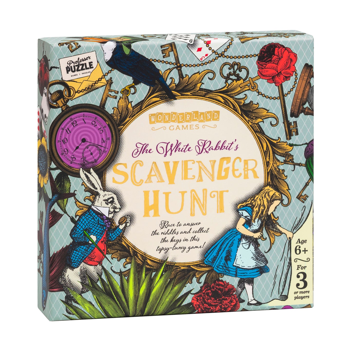 The White Rabbit's Scavenger Hunt Game box by Wonderland Games, featuring illustrated Alice in Wonderland characters, a purple pocket watch, ornate frame, and t