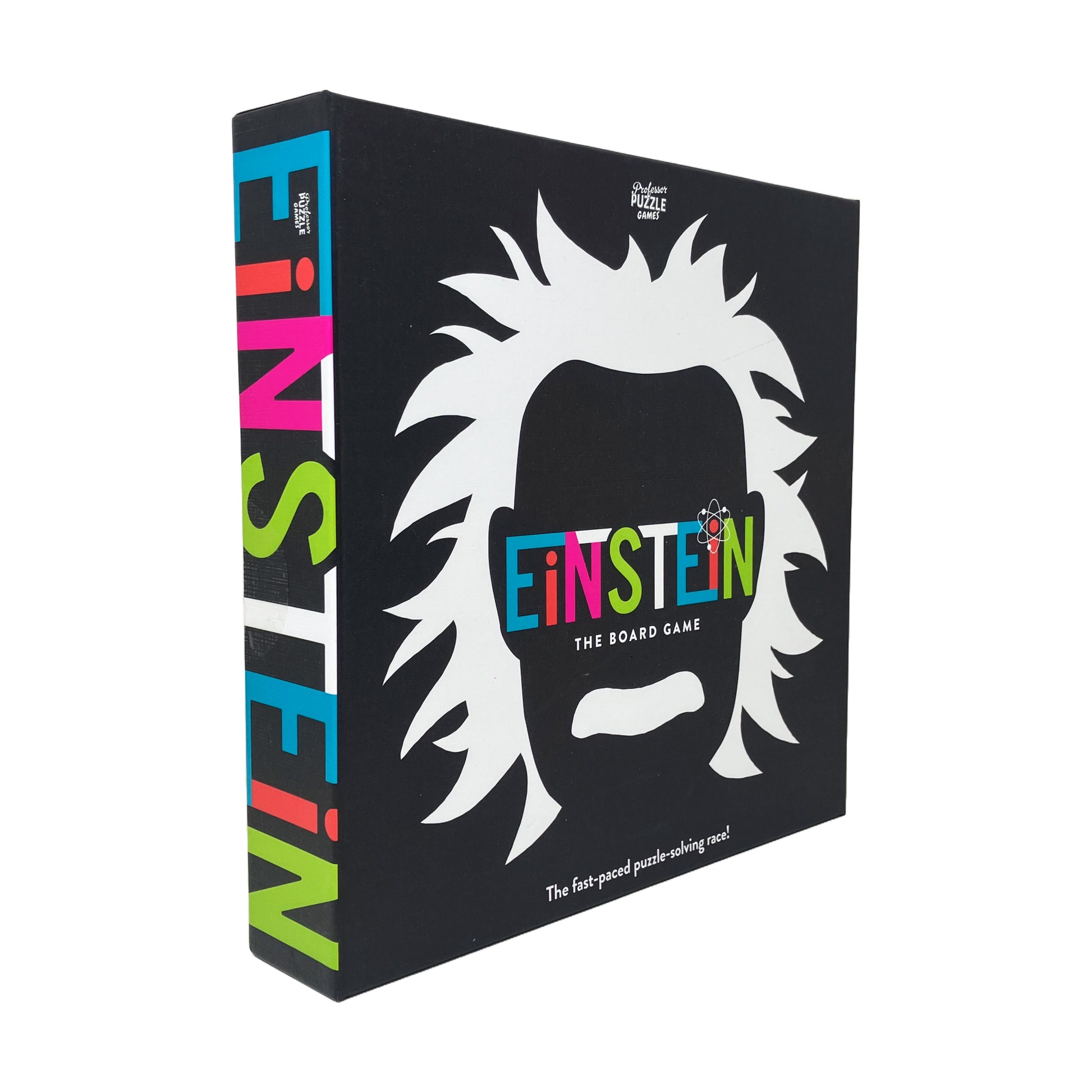 Einstein: The Board Game box featuring a stylized white silhouette of Einstein with wild hair on black background, colorful title text, described as a fast-pace