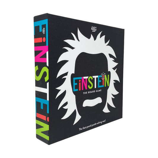 Einstein: The Board Game box featuring a stylized white silhouette of Einstein with wild hair on black background, colorful title text, described as a fast-pace