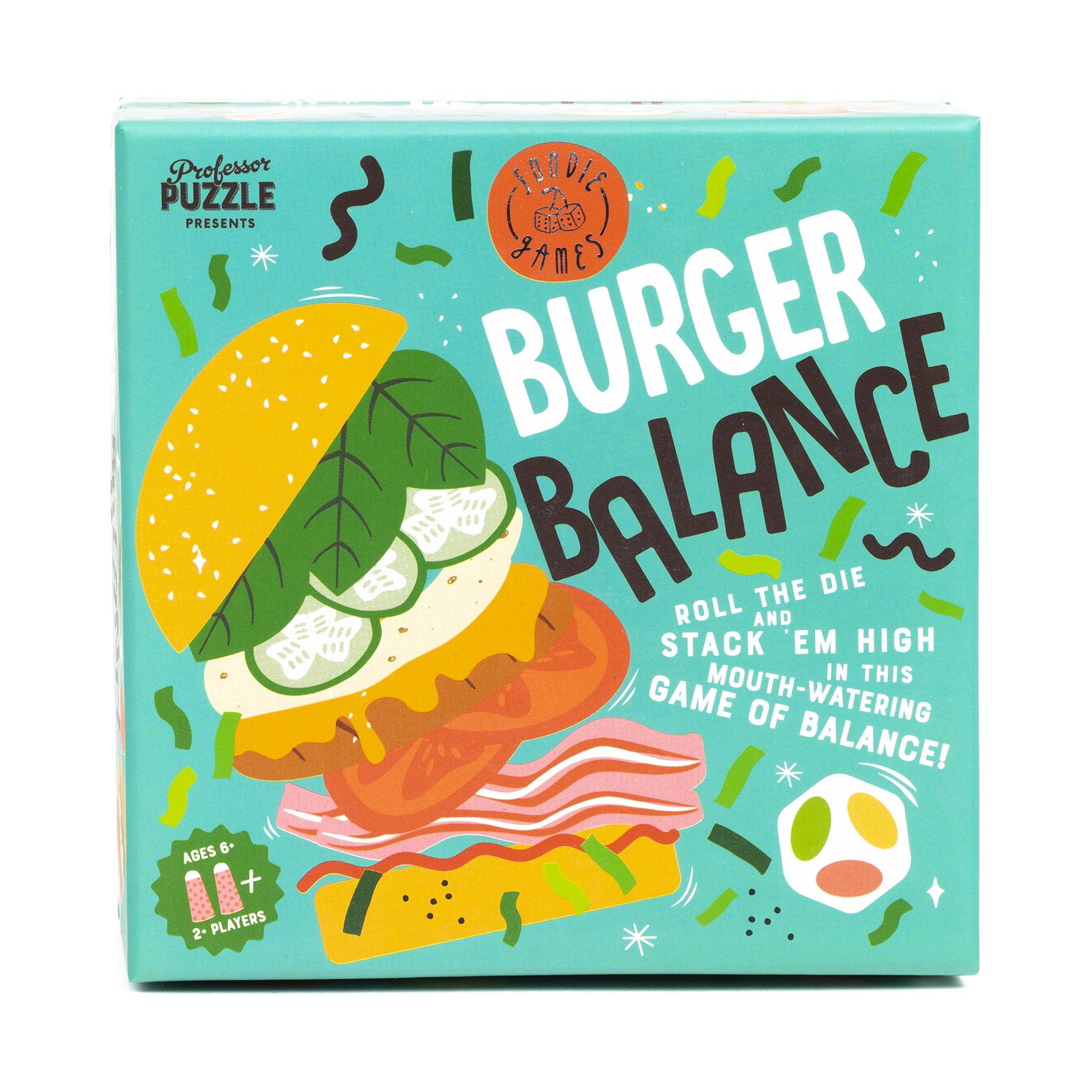Burger Balance game box by Professor Puzzle featuring stacked burger ingredients with text 'Roll the die and stack 'em high in this mouth-watering game of balan