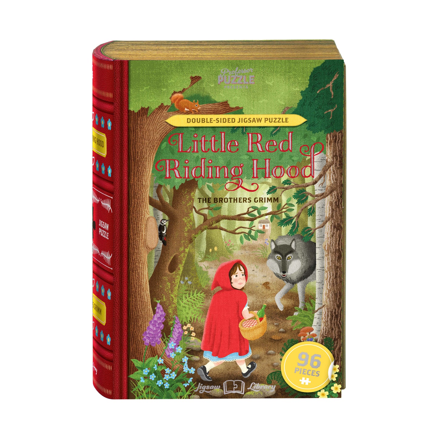 Little Red Riding Hood double-sided jigsaw puzzle box featuring illustrated forest scene with girl in red cape and wolf, 96 pieces