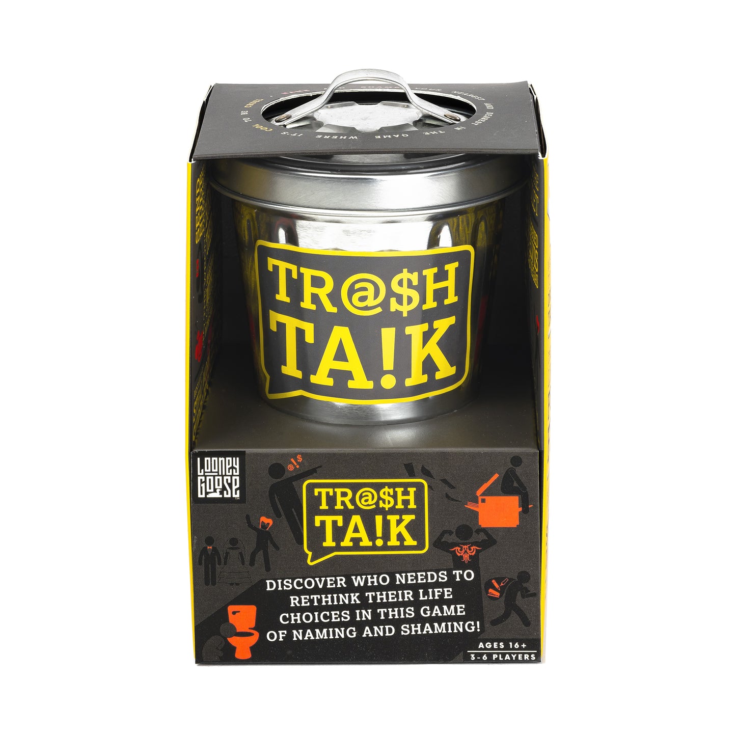 Trash Talk party game in metallic trash can packaging with yellow and black label, ages 16+, for 3-6 players