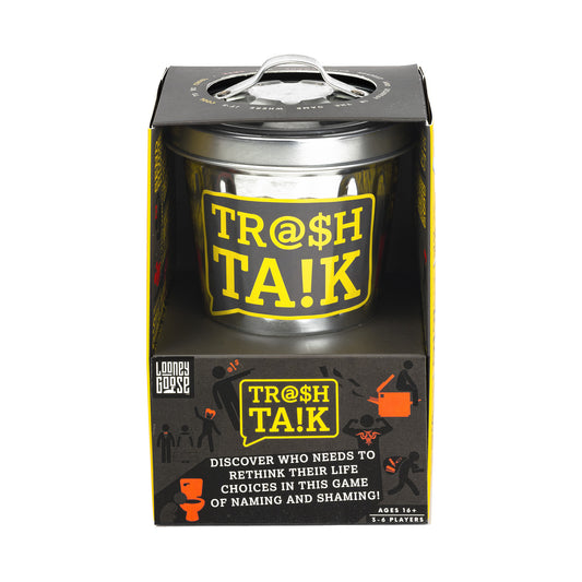 Trash Talk party game in metallic trash can packaging with yellow and black label, ages 16+, for 3-6 players