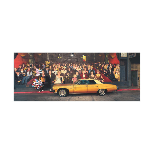 Pressman Ken Duncan Panoramics Hollywood Dreams Puzzle showing vintage illustration of gold car on red carpet with crowd in formal attire at movie premiere