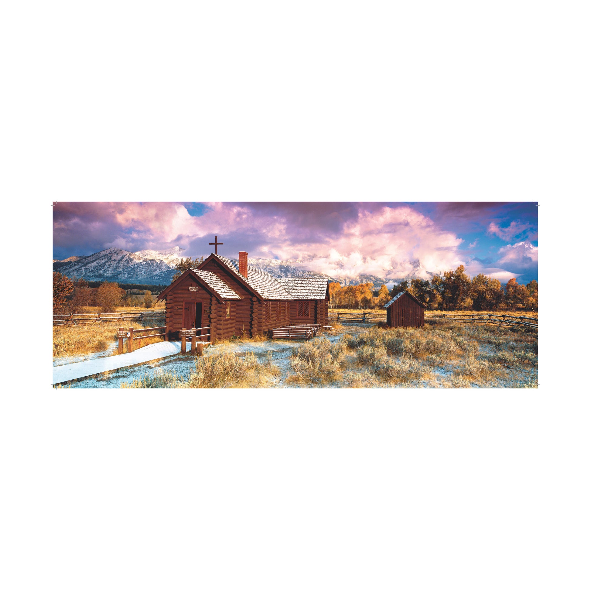 Panoramic puzzle box image showing wooden log chapel with cross in snowy mountain valley landscape with frozen stream