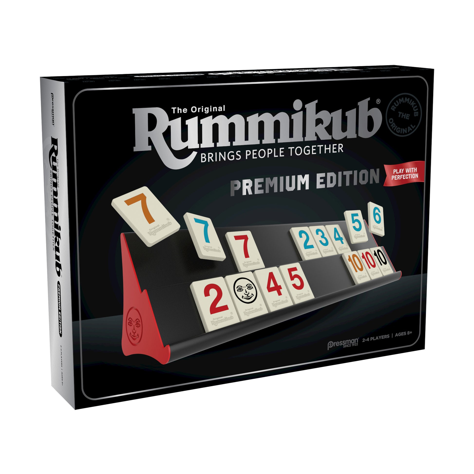 The Original Rummikub Premium Edition board game box showing numbered tiles arranged on a black game board with red player racks