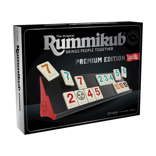 The Original Rummikub Premium Edition board game box showing numbered tiles arranged on a black game board with red player racks