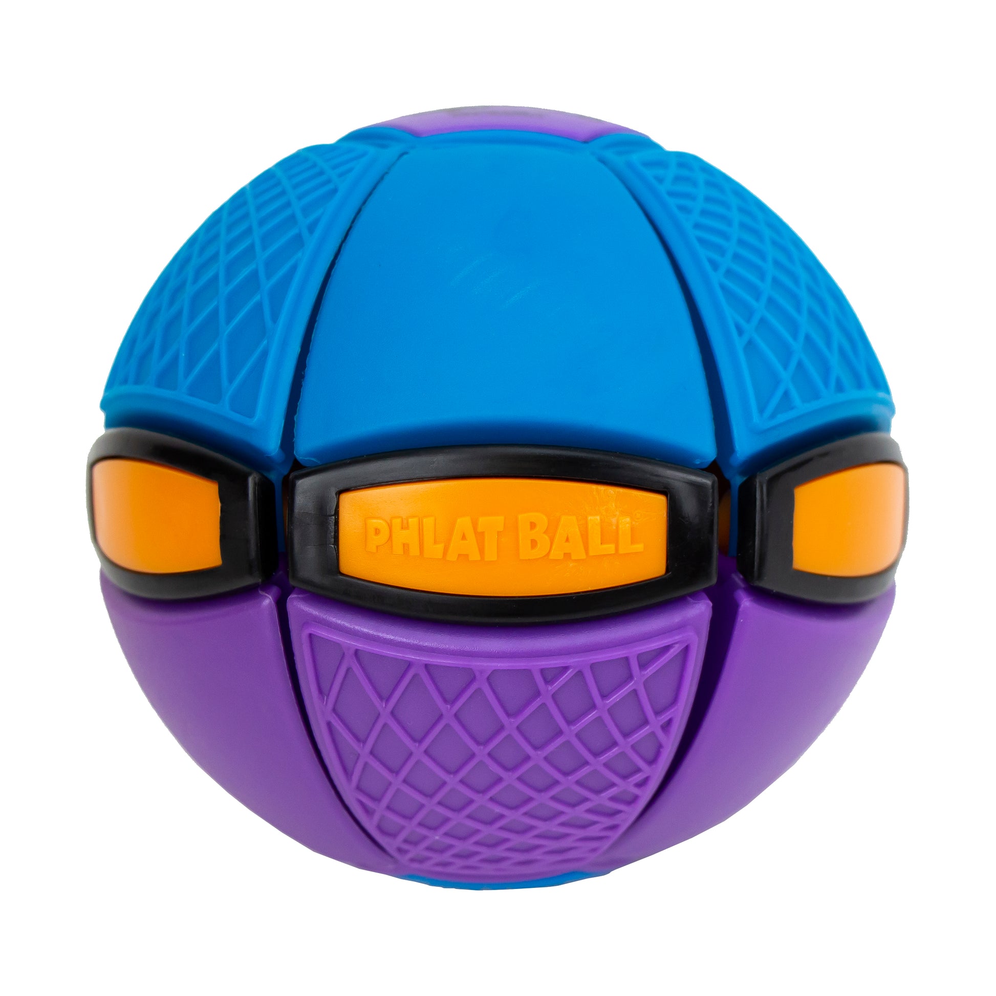 Phlat Ball Jr. transforming toy ball in blue and purple with orange accents