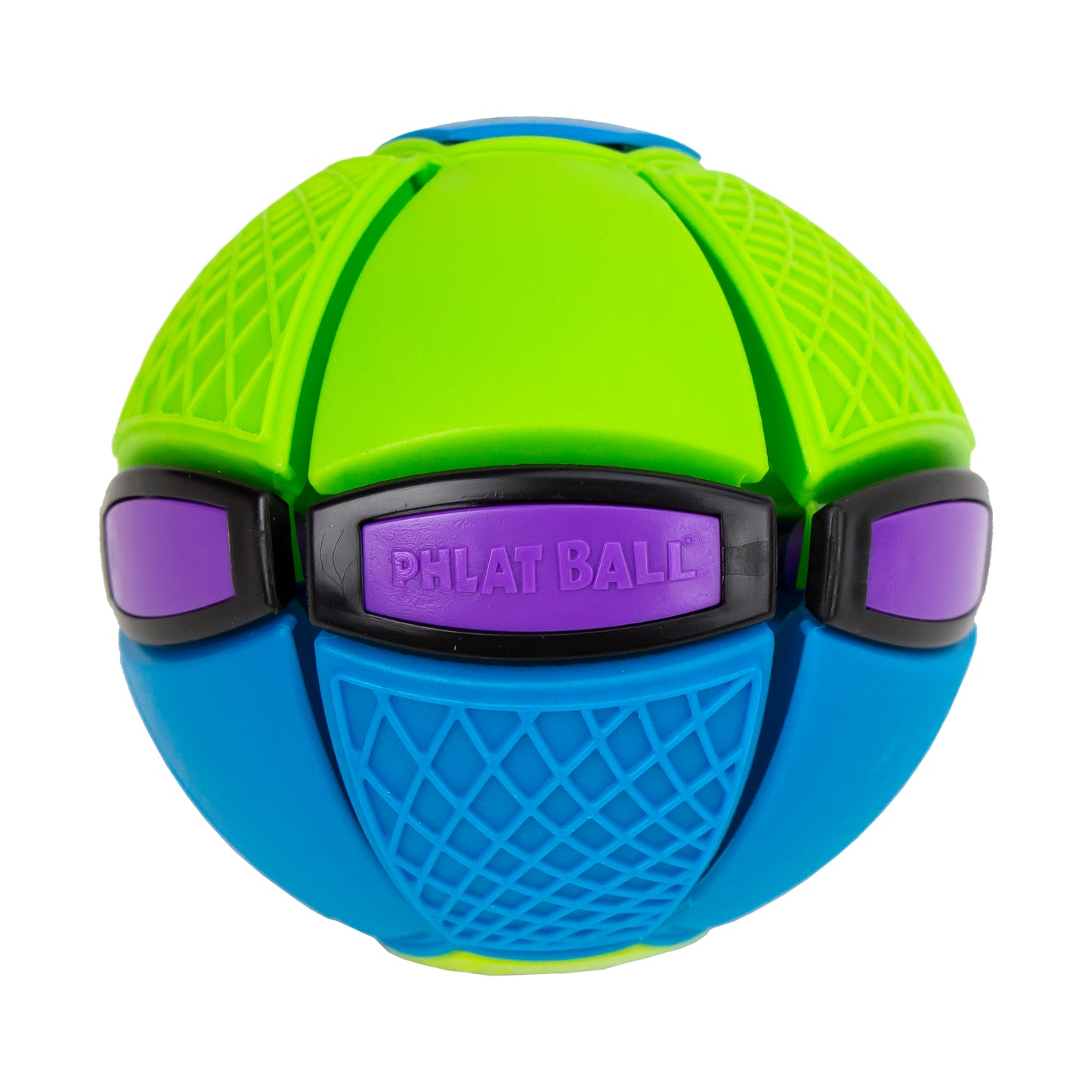 Phlat Ball Jr. colorful flying disc toy in neon green, blue, and purple