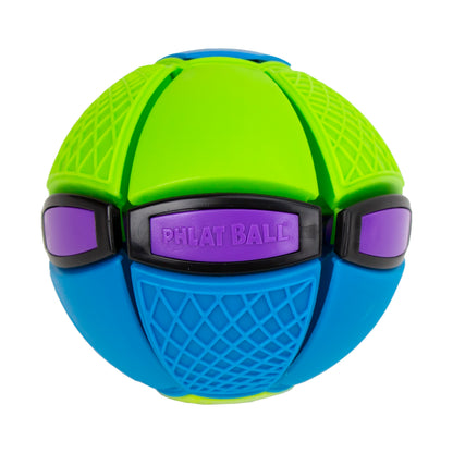 Phlat Ball Jr. colorful flying disc toy in neon green, blue, and purple