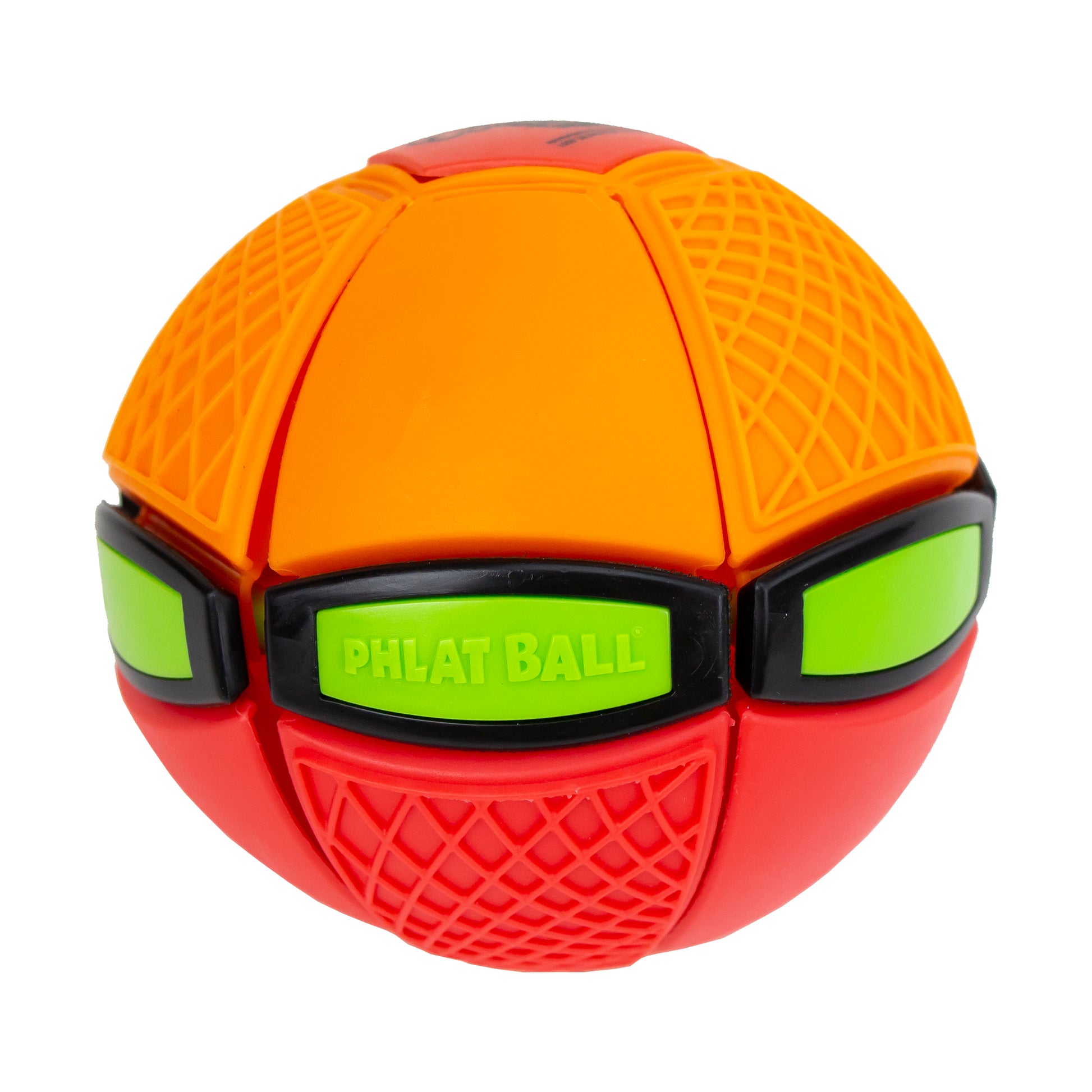 Phlat Ball Jr. red and orange transforming ball toy with lime green eyes