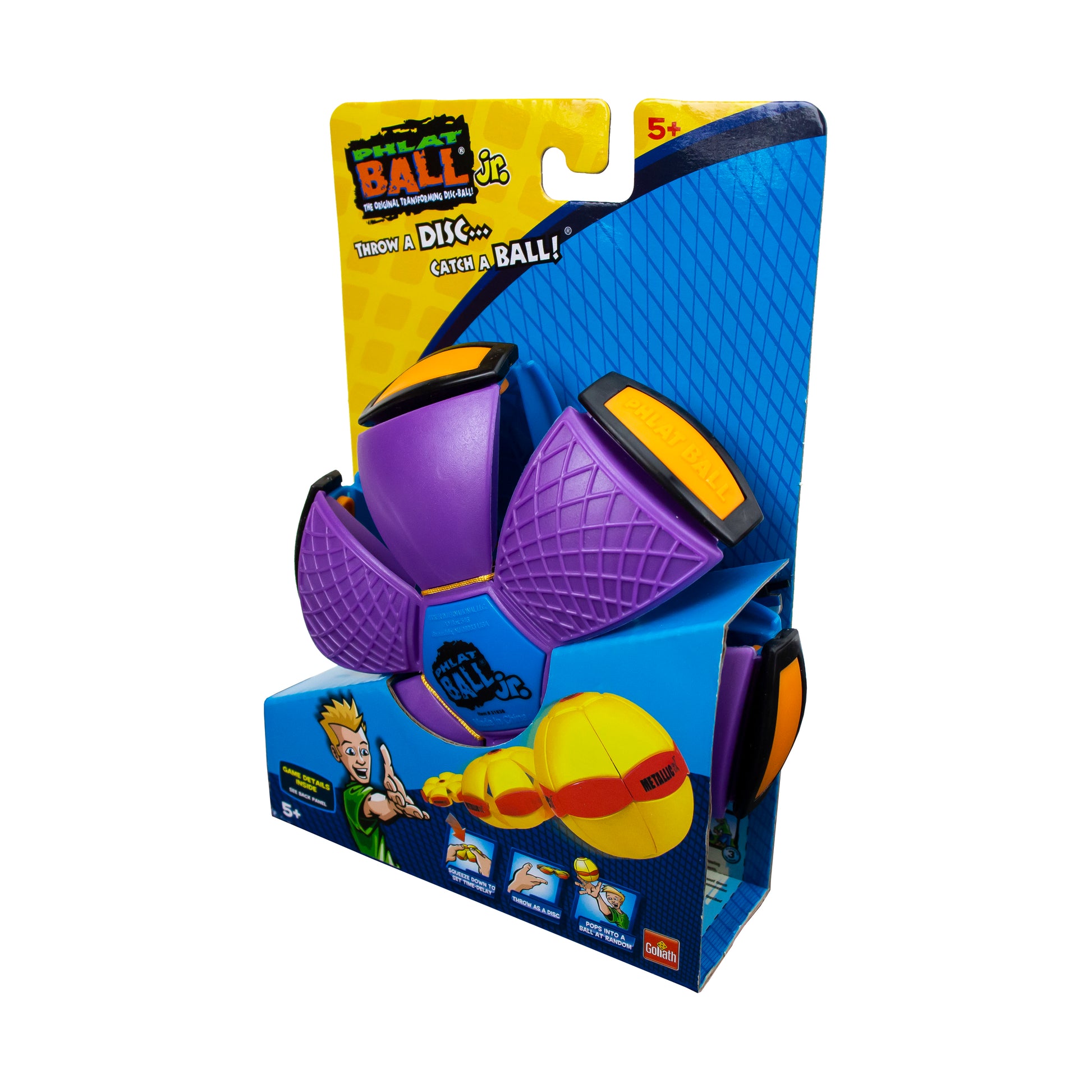 Phlat Ball Jr. purple and yellow transforming catch toy with packaging