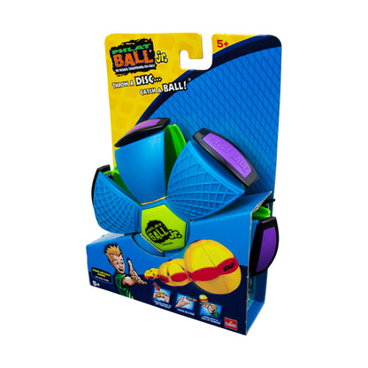 Phlat Ball Jr. blue disc toy with purple and yellow catching gloves in packaging