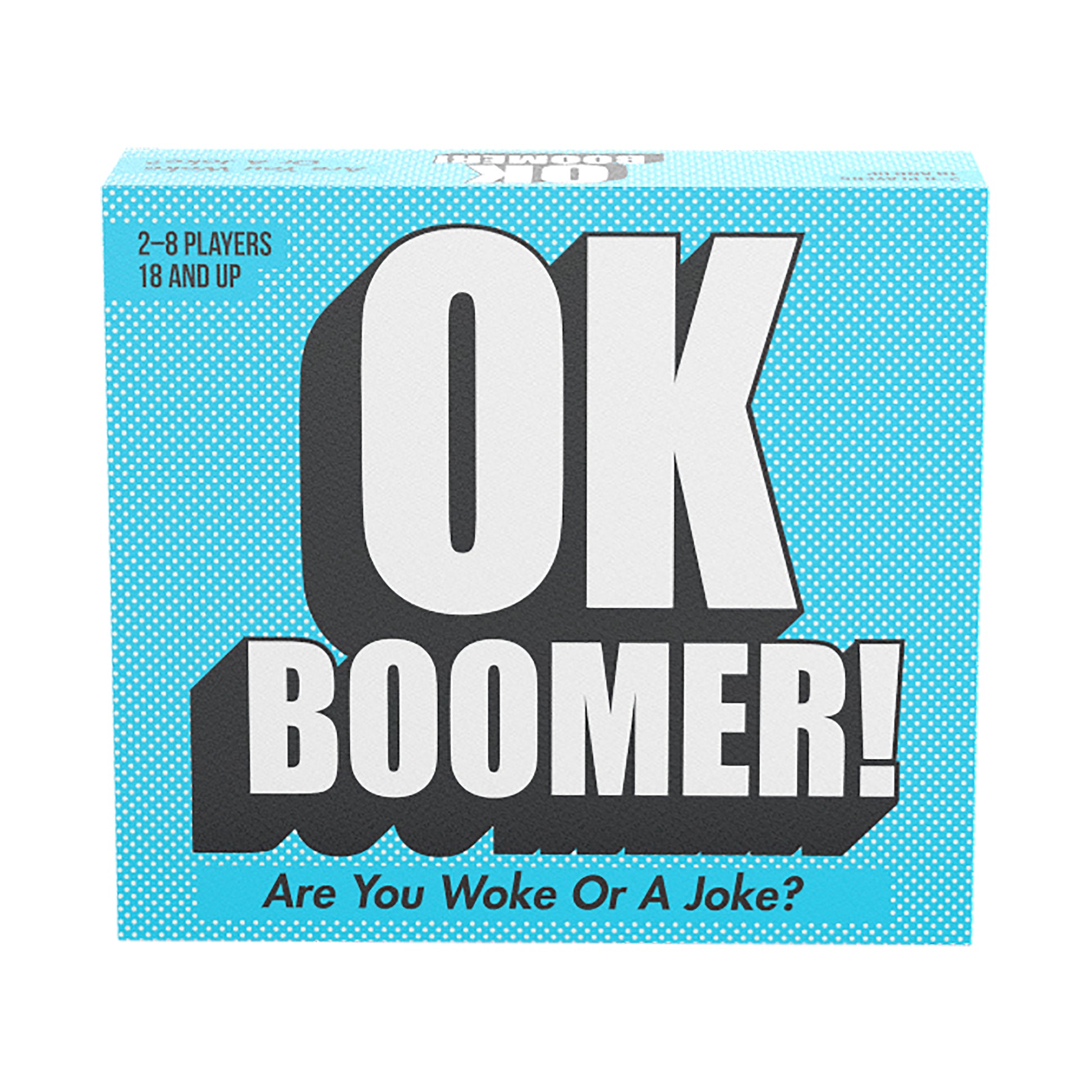 OK Boomer! board game box with turquoise polka dot background, large black and white text, tagline 'Are You Woke Or A Joke?', 2-8 players, 18 and up